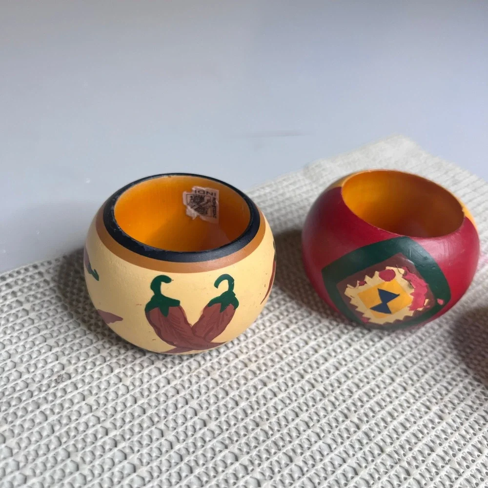 Vintage Hand Painted Wood Napkin Rings Set 3 Southwest Moose Chili Pepper India‎